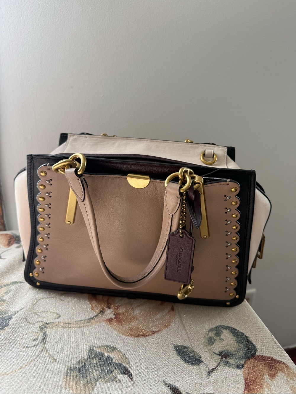Coach Dreamer Taupe, Cream & Black Stud-Trim Satchel